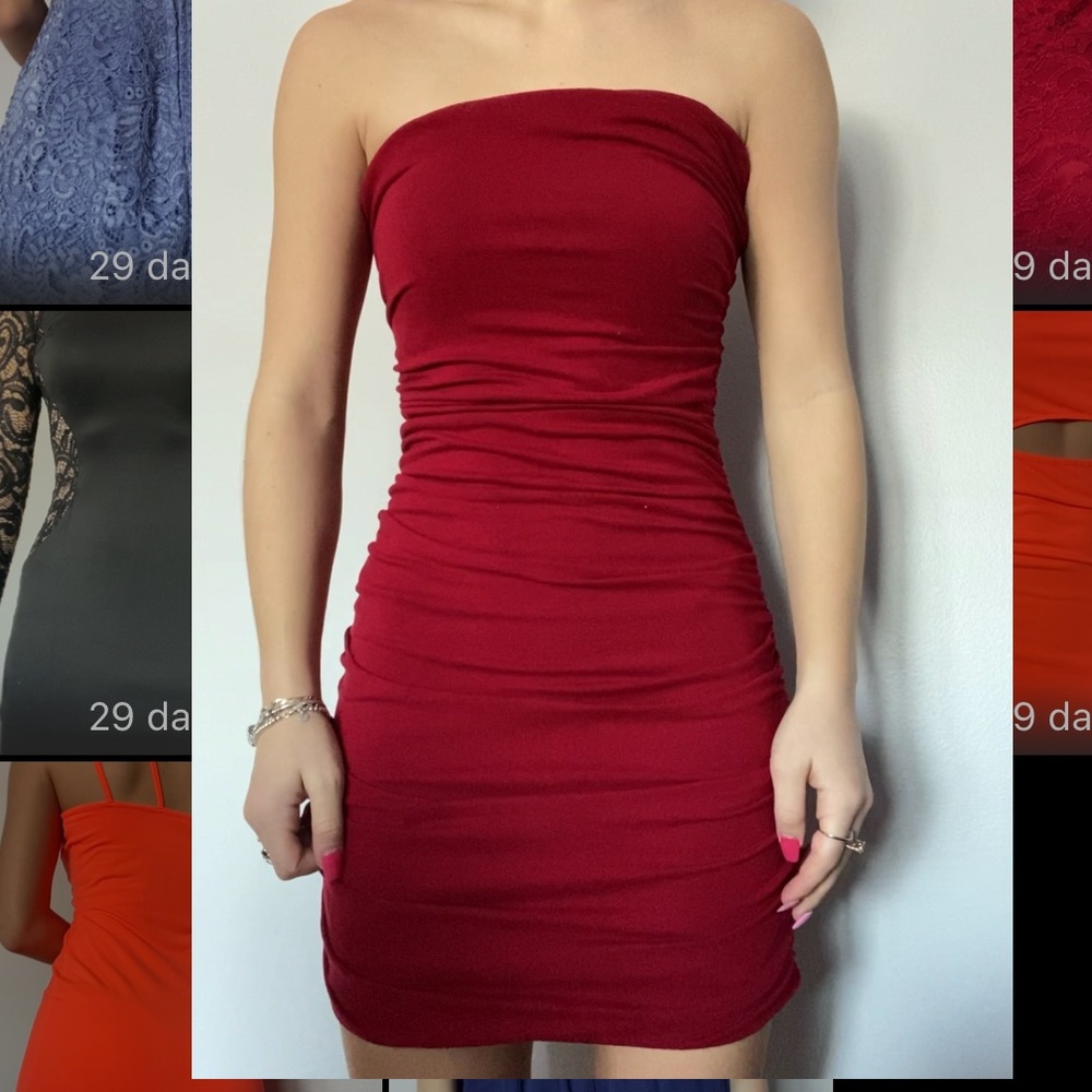 Express strapless red scrunch dress